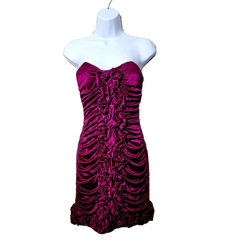 Jessica McClintock Mini Dress 4 Ruched Purple Satin Formal Y2K Sleeveless Boning
